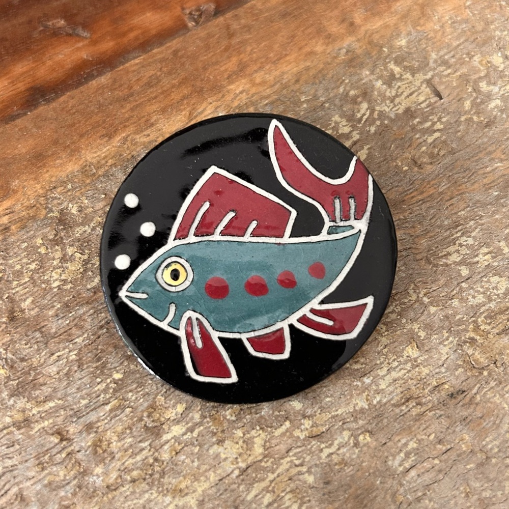 Artisan Black and Red Fish Brooch Pin